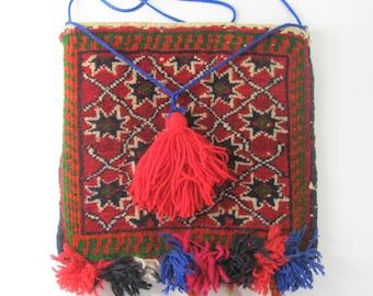 1960s Vintage Red Carpet Bag Purse, Handmade Original Hippie Oriental Rug Stash Pouch