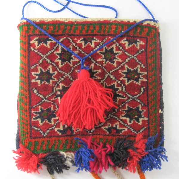 1960s Oriental Rug Purse Hippie Carpet Bag, Vintage Red & Multi Color Handmade Folk Art Shoulder Crossbody Handbag