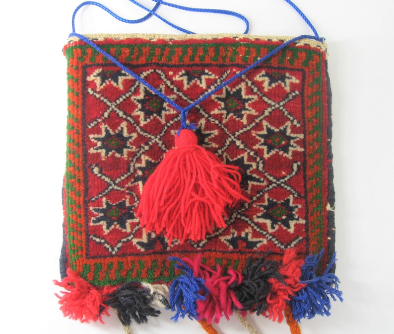 1960s Vintage Red Carpet Bag Purse, Handmade Original Hippie Oriental Rug Stash Pouch