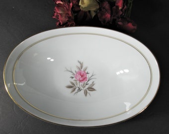 Noritake Daryl 5510 Oval Vegetable Bowl, Vintage 50s White China Simple Pink Rose Pattern Gold Trim, Japan US Pat. Pend. Serving Dish, #2