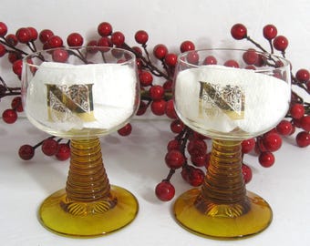 2 Vintage Amber Glass Beehive Coiled Stemware, Gilt N Monogram, Roemer Style Set
