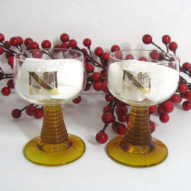 Vintage Amber Glass Beehive Stemware Set of 2, Gilt Grapes & Initial N Monogram, Roemer Style