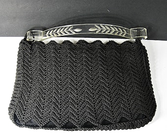 1940s Black Crochet Purse, Carved Lucite Handle, Top Zipper, Vintage Handbag