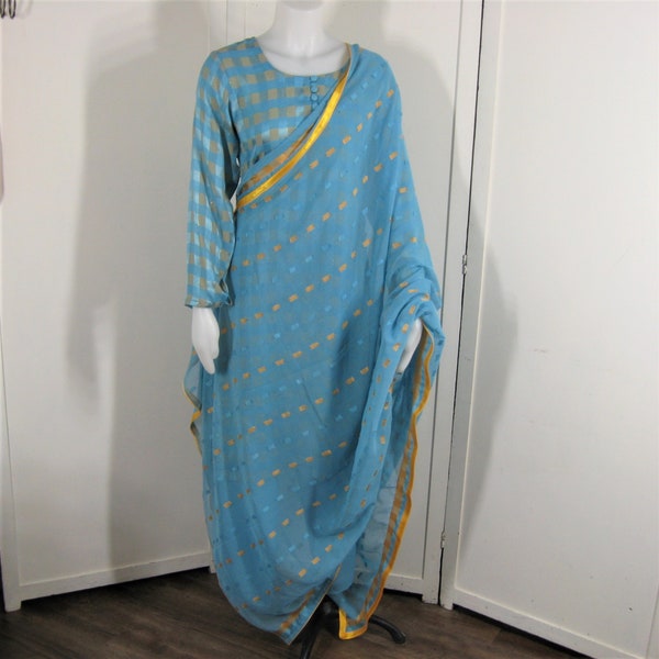 Vintage Set Salwar Kameez Kurta Tunic & Dupatta Scarf, Blue + Beige + Gold Metallic, Baggy Harem Pants, 3 Piece Ethnic Costume, Bust 34