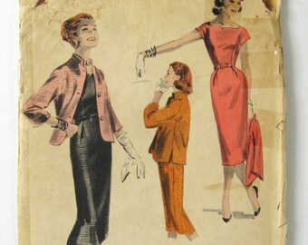 1950s Classic Sheath Dress & Jacket Set Vintage Sewing Pattern Butterick 7935, Square Neck Wiggle Dress, Mandarin Collar Jacket, 32" Bust