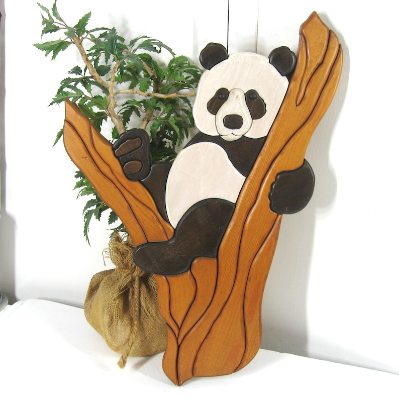 Vintage Wood Panda Bear Wall Hanging 3 D Inlaid Intarsia Art 1990s, Large 22.5 x 14"