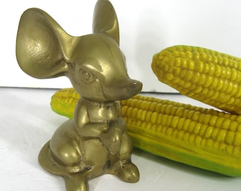 4 1/2" Brass Mouse Figurine, Vintage Mousie Paperweight, Sitting Tall & Looking Cute, 1 + lb.