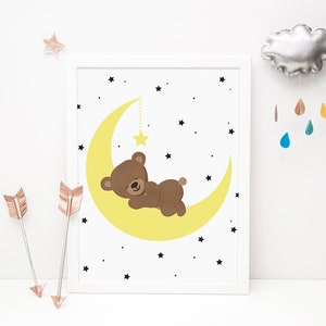 Baby Bear Sleeping Print, Bear Moon, Nursery Cute Sleep Print, Baby Nursery Print, Cute Neutral Nursery, Nursery Wall Art, Digital Print