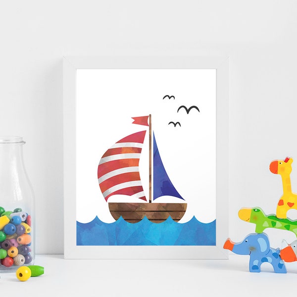 Nautical Boat Print, Boat Print, Boat Sea Print, Nautical Nursery Print, Boy Room Print, Colorful Nursery, Nursery Wall Art, Digital Print