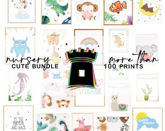 Paquete de láminas para guardería, acuarela, animales adorables, decoración de pared (descarga digital)