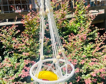 Macrame Single Tier Produce Basket, Hanging Fruit Basket, Vegetable Holder, Boho Kitchen Storage, Handmade Hanging Basket, Housewarming Gift