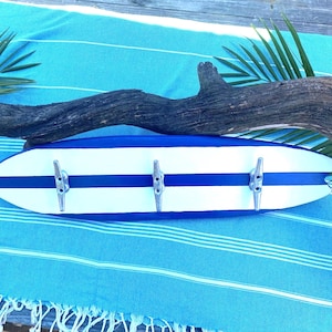 Surfboard Towel Holder, Wood Beach Decor, Coastal vibe wall hook, Towel rack, Bathroom towel rack, Beachy, Cleats