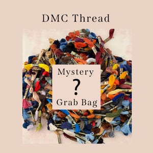 May include: A pile of colorful DMC embroidery thread skeins in various shades of blue, orange, yellow, and brown. The image includes text that reads "DMC Thread" and "Mystery Grab Bag".