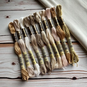 Op de afbeelding: Een collectie van elf strengen borduurgaren in diverse tinten beige, bruin, lichtbruin en crème. Elke streng is voorzien van een gouden papieren label met de tekst DMC 25 en een streepjescode. De draden liggen in een rij en tonen een kleurverloop.