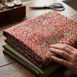 May include: A stack of folded fabric consisting of one piece with a red background featuring a dense floral pattern in shades of pink, yellow, and green, and one solid olive green piece of fabric underneath the patterned textile.