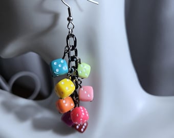 Miniature Plastic Dice Beaded Dangle Earrings