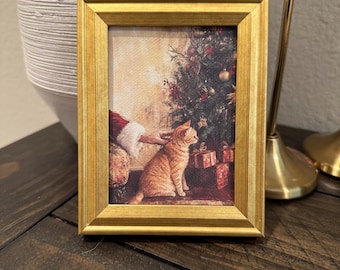 Cat and Santa Christmas Framed Canvas Art Print Holiday Decor