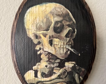 Handcrafted Wood Plaque Wall Decor Van Gogh “Skull of a Skeleton with a Burning Cigarette”