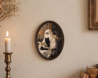 Halloween Black Cat and Ghost Handcrafted Wood Plaque Whimsical Wall Decor