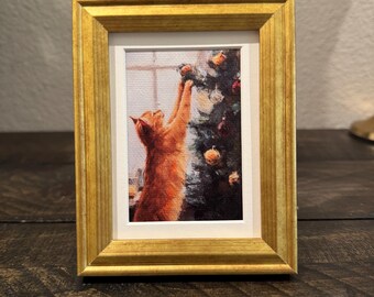 Orange Cat Christmas Tree Framed Canvas Art Print Holiday Decor
