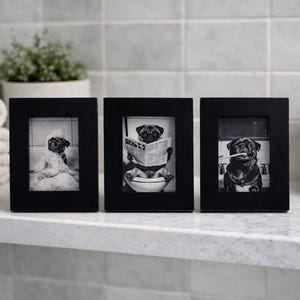 May include: Three black framed photos with humorous images of pugs. One pug is wearing a bonnet, another is reading a newspaper on a toilet, and the third is holding a toothbrush. The frames are on a white countertop.