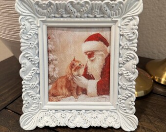 Orange Cat and Santa Christmas Framed Canvas Art Print Holiday Decor