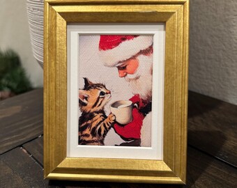 Cat and Santa Clause Christmas Framed Canvas Art Print Holiday Decor