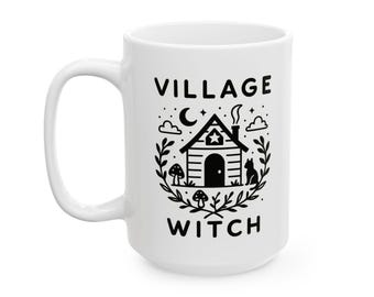 Village Witch Coffee Mug: Cat, Mushrooms & Celestial Design