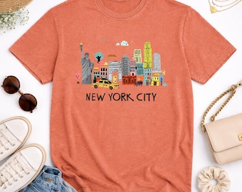 New York City Shirt, NYC Skyline Comfort Colors Tee | Hand Drawn Illustrated NYC Souvenir | Travel Gift for New Yorker