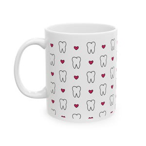 Tooth Pattern Coffee Mug – Cute Dentist Mug with Hearts | Unique Dental Lover Gift Cup | Novelty Coffee Mug for Hygienists & Dental Students