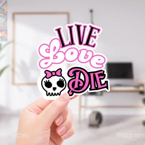 Bonita calcomanía de vinilo con calavera emo: calcomanía con frase "Vive, ama, muere", calcomanía estética gótica divertida, calcomanía impermeable para niños, regalo emo alternativo
