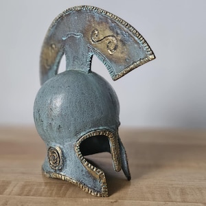 Bronze Greek Spartan Helmet Sculpture | Ancient Warrior Miniature Replica | Patina Corinthian Helmet Decor | Greek Mythology Gift