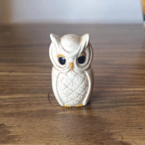 May include: A small, off-white ceramic owl figurine with black eyes and yellow accents. The owl has a textured surface and a diamond pattern on its chest. The figurine is standing on a wooden surface.