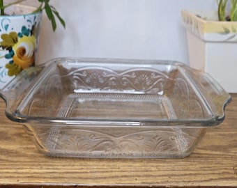 Vintage Anchor Hocking Laurel Embossed Glass 8.25" Square Casserole Dish - MCM Glass Baking Pan