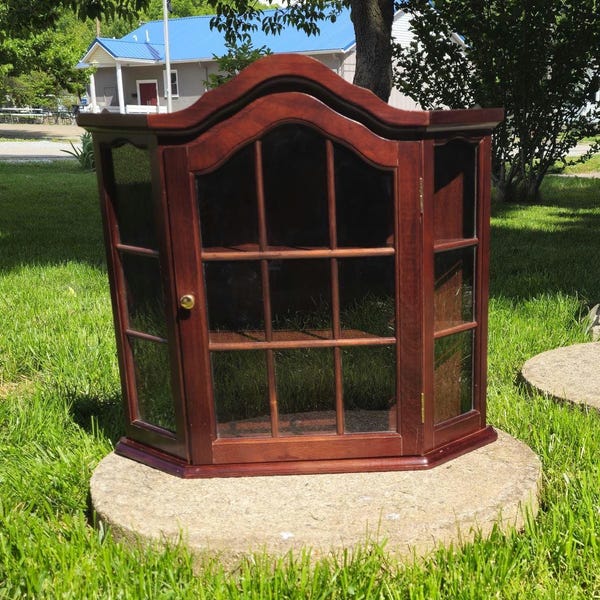 Vintage Wooden Wall Curio Cabinet with Glass Door, Cherry Finish Chippendale Hanging Display Case