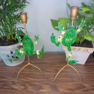 Vintage Metal Frog Candlestick Holders, Hand Painted Mexican Folk Art Pair