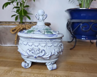 Vintage Shabby Chic Cherub Trinket Box, Distressed Angel Footed Casket Bowl