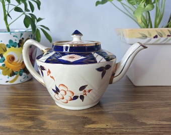 Vintage Sadler England Imari Teapot, Mid Century Modern, Cobalt Blue Gold Floral Design
