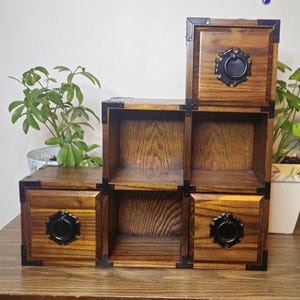 Vintage Japanese Wood Kaidan Tansu Step Chest, Iron Hardware Apothecary Drawers
