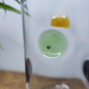 May include: A clear glass with a light green and yellow decorative elements inside. The green element has a small black dot in the center. The glass is on a wooden surface with a green plant in the background.