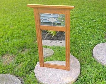 Mission Oak Wall Mirror with Stained Glass Transom Craftsman Decor