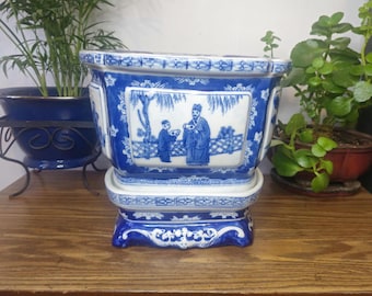 Antique Chinoiserie Planter with Stand - Vintage Chinese Blue & White Porcelain