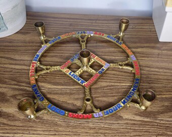 Vintage Brass Advent Wreath Candelabra Scripture Verse Religious Candle Holder