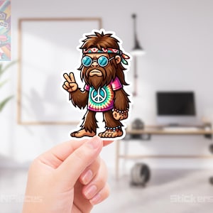 Retro Bigfoot Vinyl Sticker – Trippy 70s Sasquatch Kiss Cut Decal, Hippie Bigfoot Waterproof Sticker, Unique Gift for Cryptid Fans