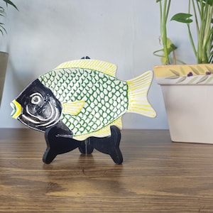 Vintage Signed Alaska Ceramic Fish Dish Hand Painted Green Pottery Plate 2007