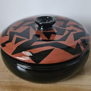 Handmade Black Gloss Ceramic Pottery Bowl with Lid • Folk Art Rustic Stoneware Serving Dish • Artisan Kitchen Decor & Unique Gift