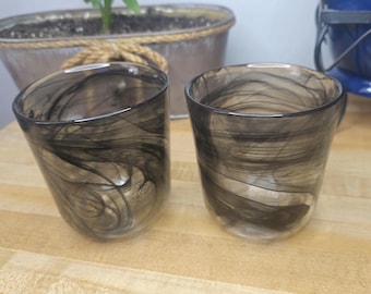 Kosta Boda Mine Tumblers | Set of 2 Black Swirl Glass Cups by Ulrica Hydman Vallien