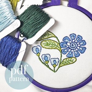 blue flower Embroidery Kit, Embroidery Pattern Kit, pdf, Crewel Embroidery flower heart digital pattern kit, instant download image 2