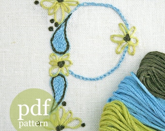 Crewel Embroidery Pattern,  DIY Pattern, pdf, Monogram P peacock and parrot instant download tutorial ring bearer pillow christening gown