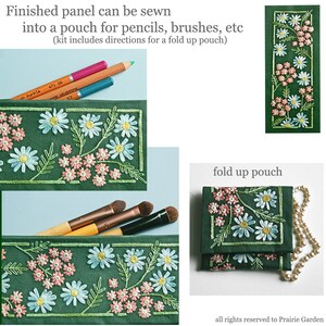 Embroidery Kit DIY Pouch Crewel Embroidery Pattern DIY Embroidery Kit Gift Bag verbena and daisy flowers on forest green jewelry storage image 5